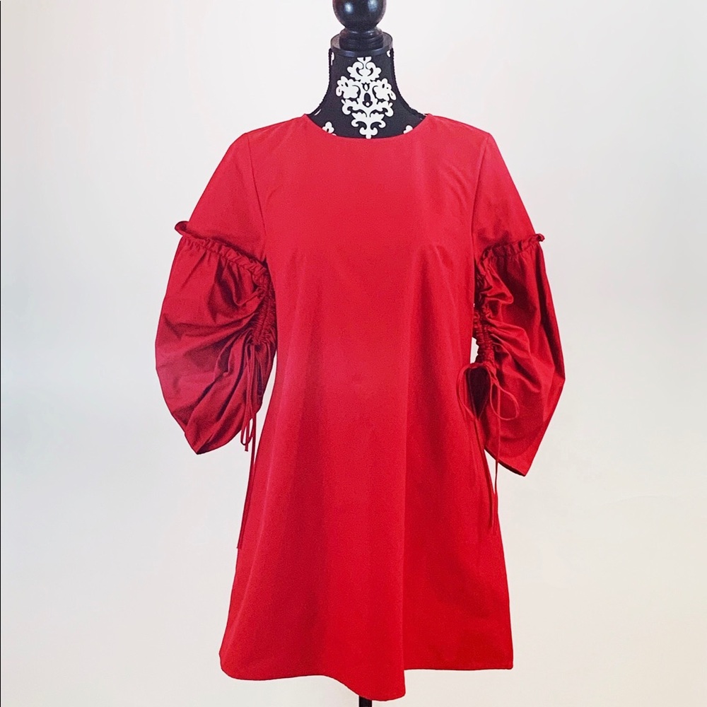 Red Parachute Trapeze Dress with Bow Tie Sleeves | S